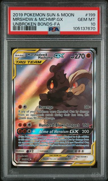 2019 Unbroken Bonds Marshadow & Machamp GX 199 PSA 10